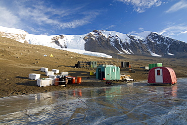 A research canp sits on the shores of frozen Lake Bonney, in the Dry Valleys of Antarctica