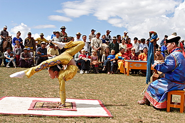 Mongol Musicians and Acrobat at Naadam Festival. Kharakhorin, Central Mongolia.