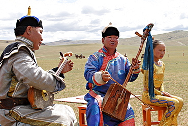 Mongol Musicians and Acrobat at Naadam Festival, Kharakhorin, Central Mongolia.