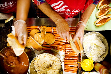 Views from above of a pile of hot dogs at a local stand in Alabama.