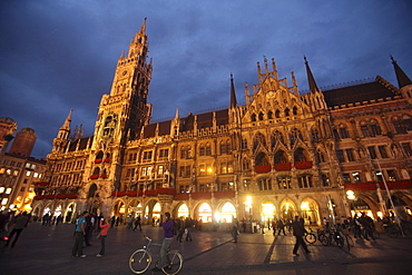 The Glockenspiel at dusk in Munich, Bavaria, Germany.