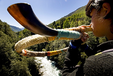 Chilean indigenous Mapuche communities cavalcade on horseback for their land and water resources in the Reigolil Valley of Chile.