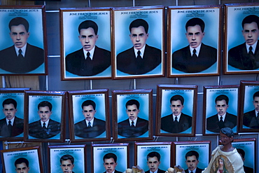 Souvenirs with the image of Nino Fidencio sit for sale during celebrations in his honor in Espinazo, Nuevo Leon state, Mexico