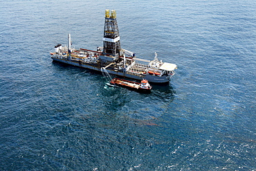 Aerial view of oil rig in the Gulf of Mexico off the coast of Louisiana.