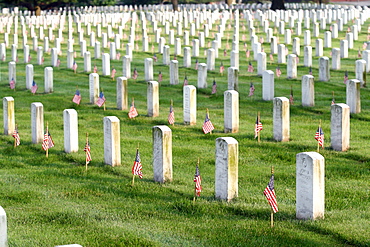 Soldiers place flags on graves at Arlington National Cemetery.