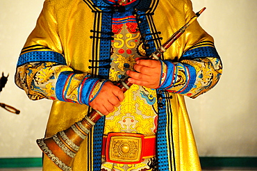 ceremonial instrument and dress for traditional concert in Ulaanbaatar, Mongolia