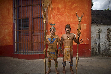 Mayan ball players pose for a portrait in Chapab village in Yucatan state in Mexico's Yucatan peninsula