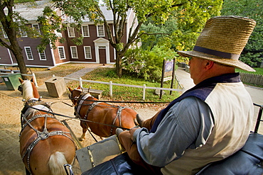 A living museum recreating colonial life in New England, Old Sturbridge Village in Sturbridge, features an authentic stagecoach from the period which visitors can ride..