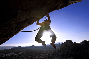 Justin Bastien climbing on an overhang in Joshua Tree National Park, California.