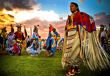 Native Americans perform a dance at a powwow in Mesa Verde, Colorado.