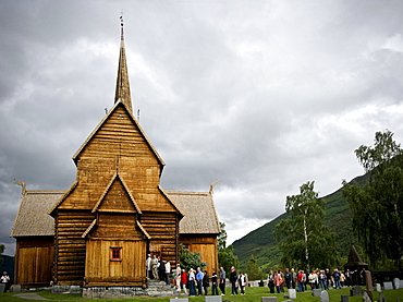 View of the exterior of Lom Stavkyrkje in Lom, Norway.