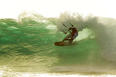 Perfect wave riding for kiteboarding in the side-off, clean wave conditions of Punta Preta (Black Point) on the island of Sal, Cape Verde.