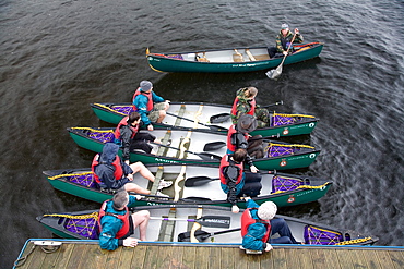 Canoers at Luss harbor, Loch Lomond, Scotland, United Kingdom, August 2007