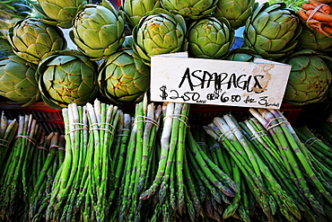 Asparagus and artichokes at the Santa Barbara Farmer's Market, California