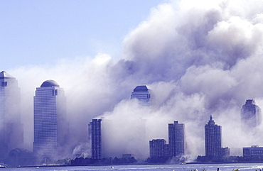 9/11 just after the second tower fell. View from Liberty State Park in Jersey City NJ.