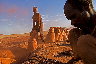 Sacks filled with gold dust are put together in Sudan. Illegal gold-mining in the region of the fourth cataract of the Nile in northern Sudan. People from the nearby villages work in shallow shafts in the desert. The rocks containing gold are crushed in a special mill. Some of the material is washed with water on the spot but the major part of it is taken to a village. 12/01/2007