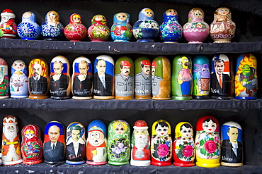 Baku, Azerbaijan - February 2008: Traditional and nontraditional souvenirs depicting Saddam Hussein, Putin and Bush for sale in downtown Baku, Azerbaijan.