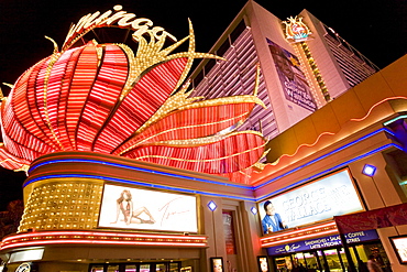 Detail of the front of the Flamingo Hotel and Casino along Las Vegas Boulevard, or the Strip, in Las Vegas, Nevada.