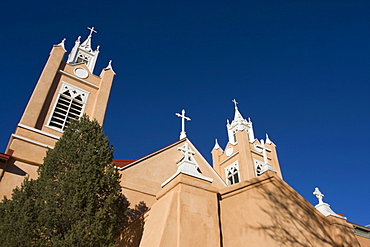 Detail of the adobe San Felipe de Neri Church in Old Town in Albuquerque, New Mexico