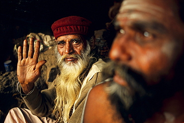 A Sadhu with  friendly gesture near Ganges in Haridwar, India.