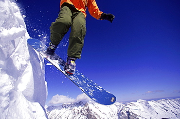 Snowboarder Stephen Koch on a Burton Snowboard at Snowbird