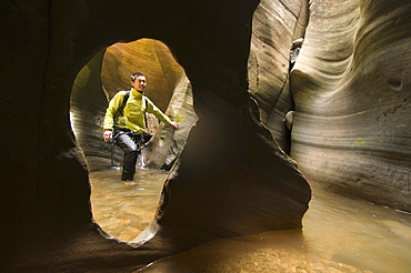 An Asian man canyoneering through a watery canyon in Zion National Park, Springdale, Utah.