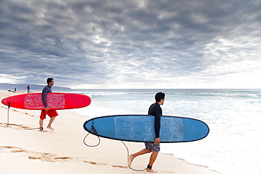 2 longboard surfers entering the water in Hawaii.