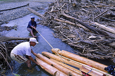 Pushing and pulling heavy rafts over log jams on the Rio Azul during a 2 week expedition on the remote and rarely traveled river in the Peruvian Amazon.