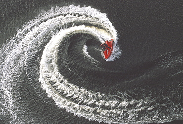 Birds-eye view of a speed boat.