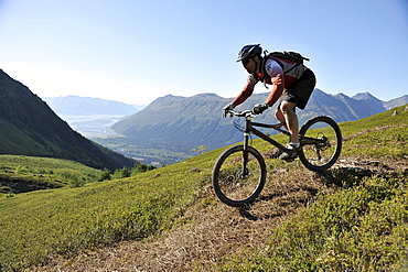 Riders enjoy a day of tram serviced mountain biking at Alyeska Resort in Girdwood, Alaska September 2010.