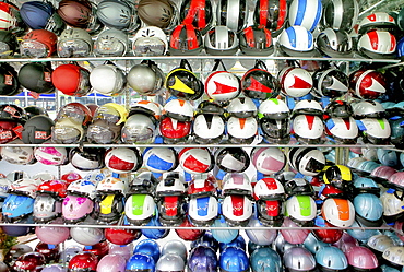 Helmets store in Ho Chi Minh City, Saigon, Mekong Delta, Vietnam.