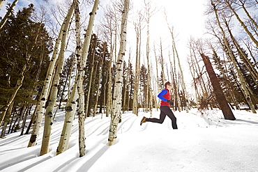 Adult male trail running through a snow covered trail high in the mountains above Telluride Colorado on a beautiful spring afternoon, Telluride, Co, USA