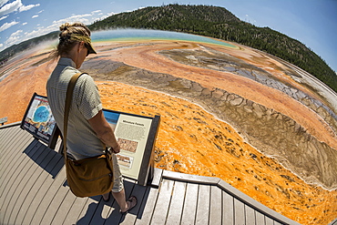 A woman reading an interperative sign while hiking along the boardwalk next to the Grand Prismatic Springs , a thermal hot spring in Yellowstone National Park, Wyoming, Yellowstone, Wyoming, usa