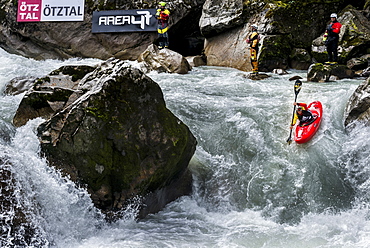 Kayaker Nicholas Troutman (CAN) riding the Ötztaler Ache-River during the Adidas Sickline Extreme Kayaking World Championship 2014 in Oetz, Austria.