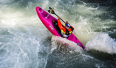 Red Bull sponsored kayaker Dane Jackson (USA) dropping into the Ötztaler Ache-River during the Adidas Sickline Extreme Kayaking World Championship 2014 in Oetz, Austria.