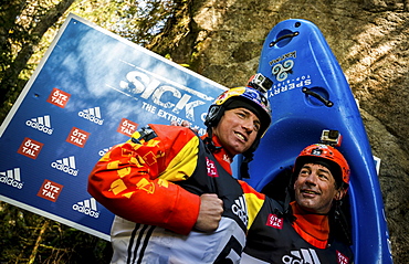 Red Bull sponsored kayaker Dane Jackson (USA, L) and his father Eric Jackson (R) giving Interviews during the Adidas Sickline Extreme Kayaking World Championship 2014 in Oetz, Austria.