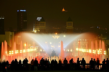 Illuminated fountain and light show at the National Art Museum of Catalonia also known by its acronym MNAC, is located in the city of Barcelona, Spain.