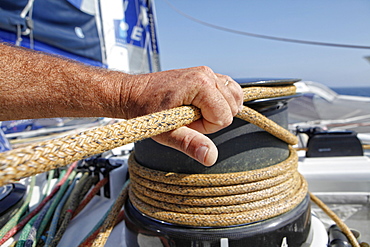 Loick Peyron onboard the Maxi Trimaran Solo Banque Populaire VII in preparation for "La Route du Rhum".