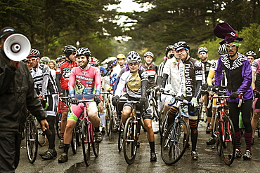 cyclocross racers wait for race start in San Francisco, California