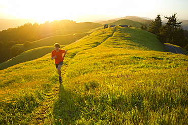 Man runs trails in the Marin Headlands in California.