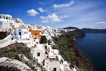 Cliffside view of Oia on Santorini, Greece.