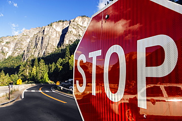 Close up of a red stop sign in Yosemite National Park in California, USA.