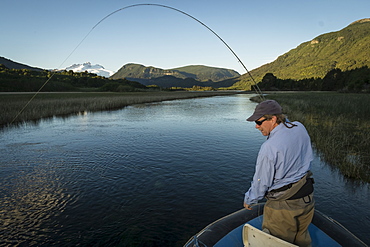 Fly fisherman catching a trout on Rio Manso in Nahuel Huapi National Park near Bariloche, Argentina.