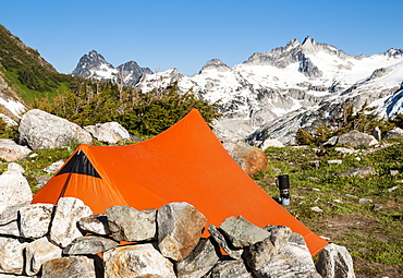 Campsite at White Rock Lake looking toward gunsight peak, Ptarmigan Traverse, North Cascades, Washington