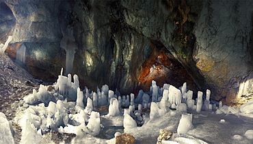 Panoramic image of ice pillars and glacial water in the middle of the Ice cave on Mount Durmitor.