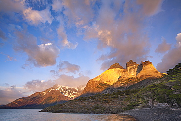 The Cuernos de Paine and Lago Nordenskjöld at sunrise in Chile's Torres del Paine National Park.