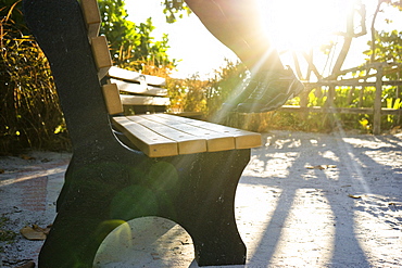 The legs of someone jumping up on a park bench in running shoes with sunlight streaming from behind