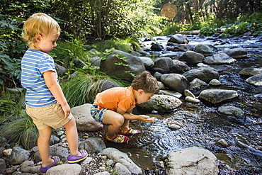 Toddler siblings looking for creatures in Deer Creek, California.