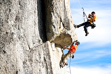 Corey Rich photographs Mitch Underhill on a climb on Lower Phantom Spire, South Lake Tahoe, CA, United States of America