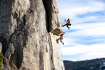 Corey Rich photographs Mitch Underhill on a climb on Lower Phantom Spire, South Lake Tahoe, CA, United States of America